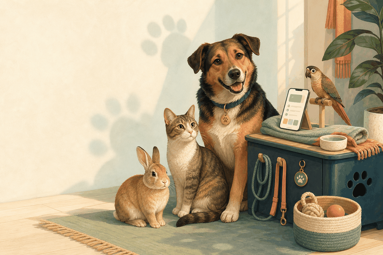 Un perro, un gato, un conejo y un loro reunidos en un hogar luminoso